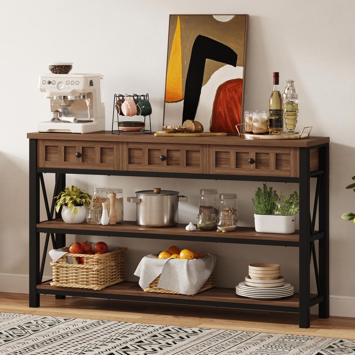 FATORRI Console Table for Entryway, Farmhouse Sofa Table with 3 Drawers for Living Room, Wood and Metal Hallway Tables with Storage and Couch Tables Behind Sofa (54.72 Inch Long, Medium Walnut)