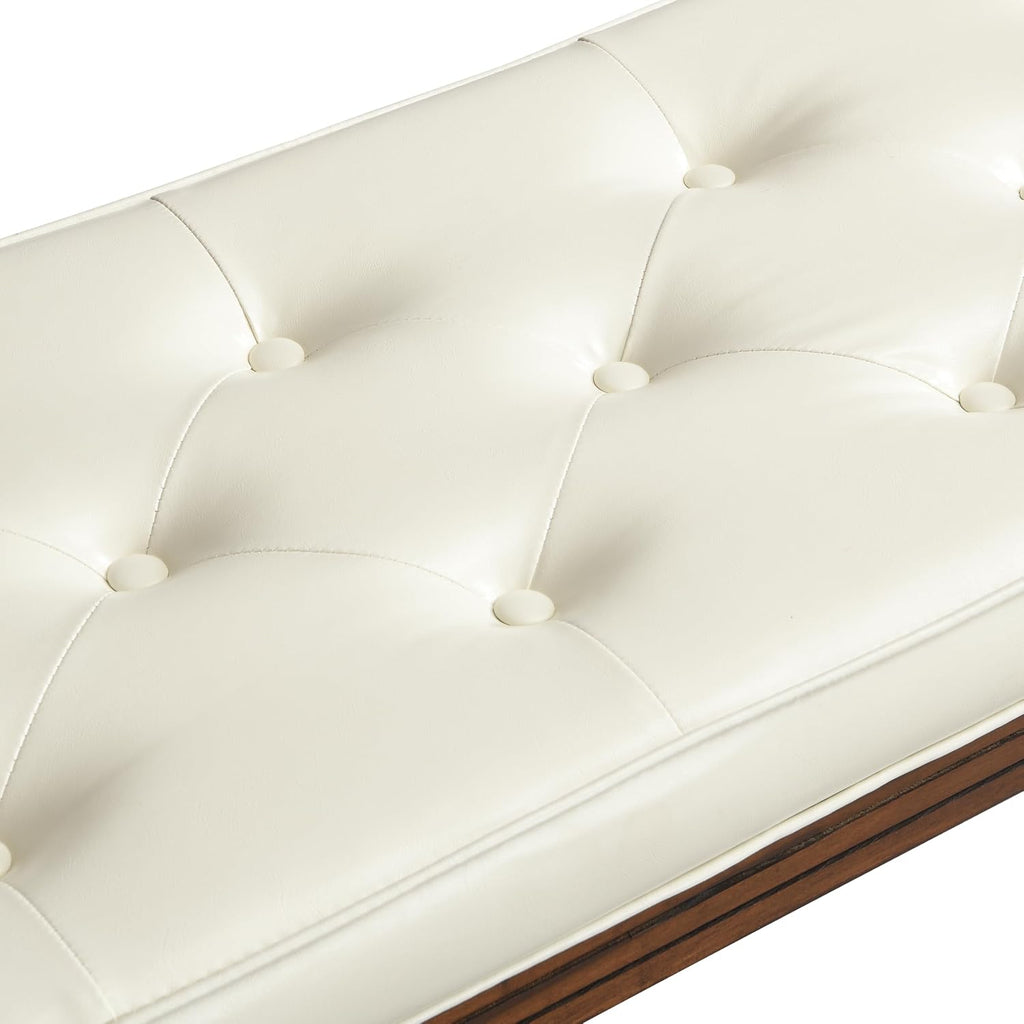 Christopher Knight Home Yae Luxurious PU Leather Upholstered End of Bed Ottoman, Wooden Living Room Ottoman Bench with Fluted Legs/Cylindrical Arm, Long Entryway Bench with Button Tufting, Brown+Beige
