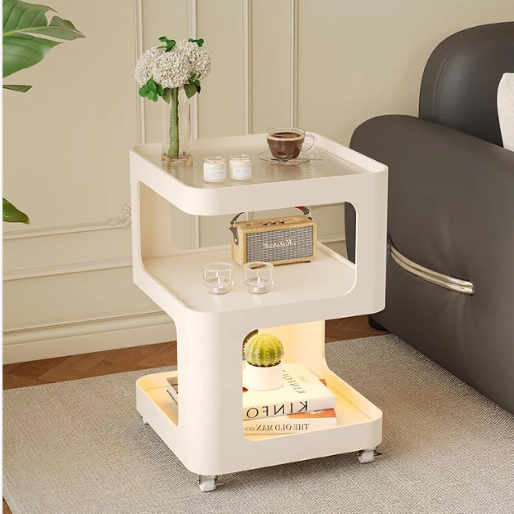 3-Tier End Table,Sofa End Can Rotate Square End Side Tables Glass Top Coffee Table with Sensor Light Accent Bedside Table with Storage Shelf Nightstand for Bedroom,Living Room,Kitchen,Bathroom