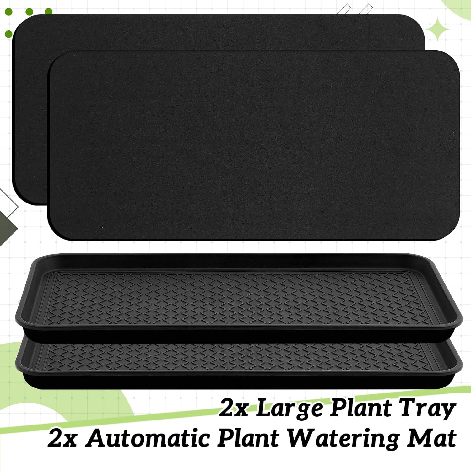Vesici 2 Set/4 Pcs Large Self-Watering Plant Trays (30"x15") and 3mm Capillary Mat-Automatic Watering System for Indoor/Outdoor Plants, Durable Plastic Seedling Trays for Potted Plant, Garden