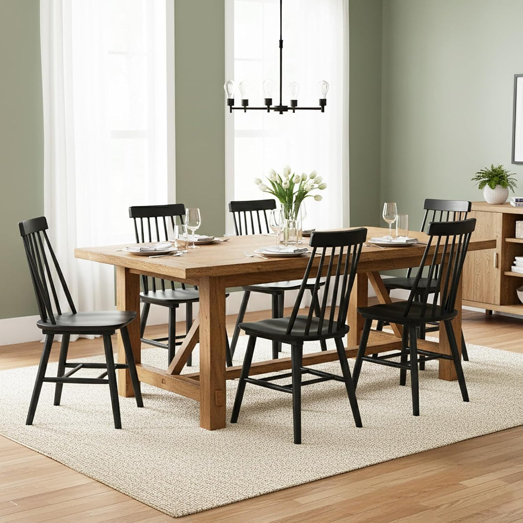 Black Dining Chairs Set of 6, Farmhouse Windsor Spindle Back | 17.5" Wide Seat, Solid Wood, Armless Design, Mid Century Modern, Kitchen & Dining Room Chairs, Easy Assembly