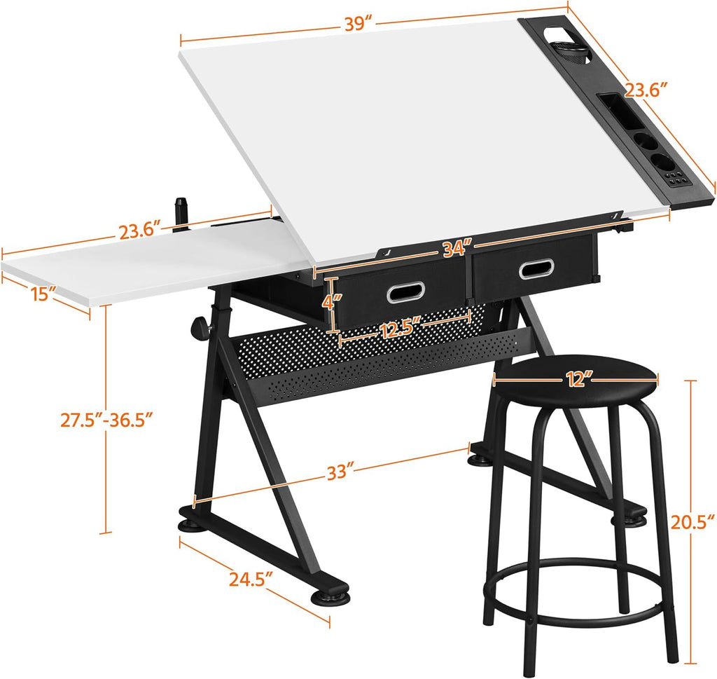Yaheetech Adjustable Drafting Table Art Desk,Storage Drawers & Stool,White | MDF tabletop tilts 0-60° on a metal frame for drawing, crafts, and homework, with two supply drawers and a matching stool.