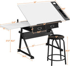 Yaheetech Adjustable Drafting Table Art Desk,Storage Drawers & Stool,White | MDF tabletop tilts 0-60° on a metal frame for drawing, crafts, and homework, with two supply drawers and a matching stool.