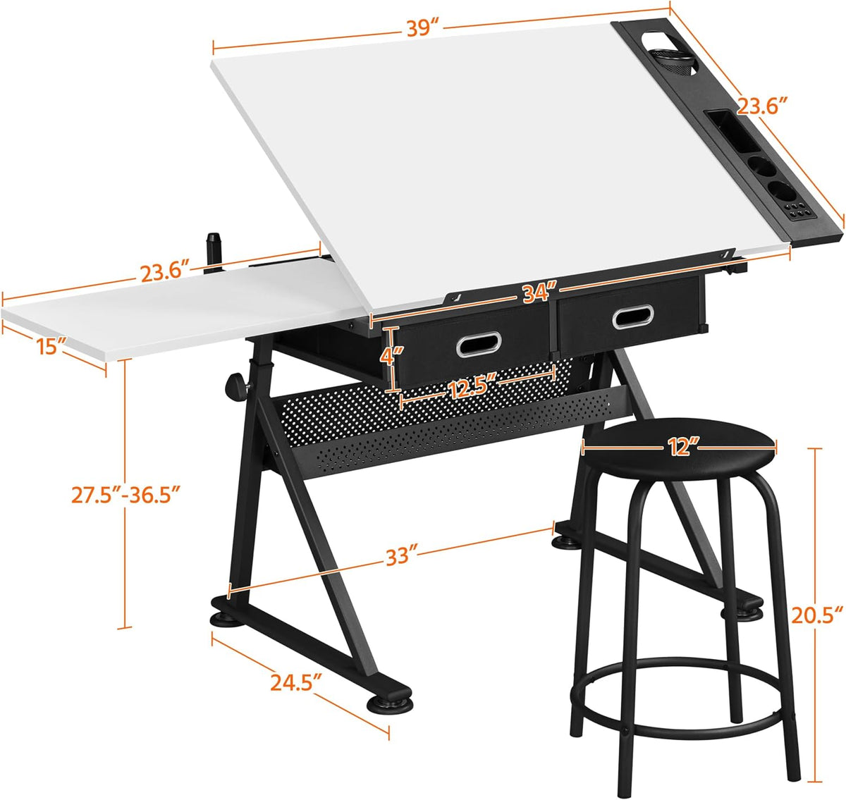 Yaheetech Adjustable Drafting Table Art Desk,Storage Drawers & Stool,White | MDF tabletop tilts 0-60° on a metal frame for drawing, crafts, and homework, with two supply drawers and a matching stool.