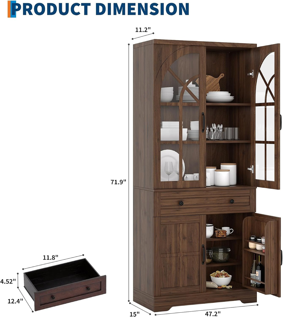 IDEALHOUSE 71.9" Tall Storage Cabinet with 30mm Thickened Board, Tempered Glass Doors & Anti-Tipping Kit, Pantry Storage Cabinet for Kitchen, Dining Room, Living Room