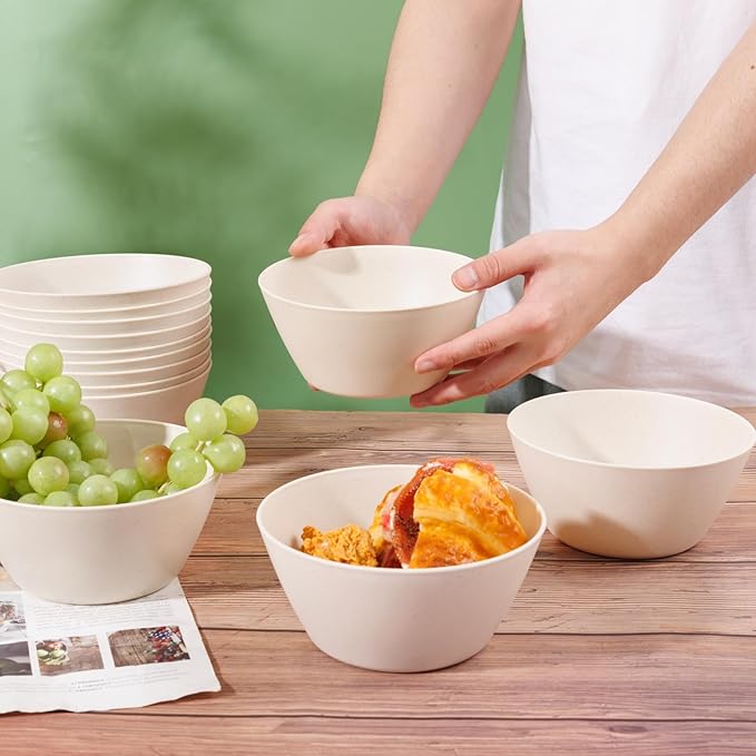 supernal 12PCS Beige Wheat Straw Bowls - Unbreakable Reusable Plastic Bowl,Fridge & Dishwasher Safe Soup Bowl,Lightweight Beige Disposable Bowls for Catering,Weddings,Cereal,Salad,Ramen