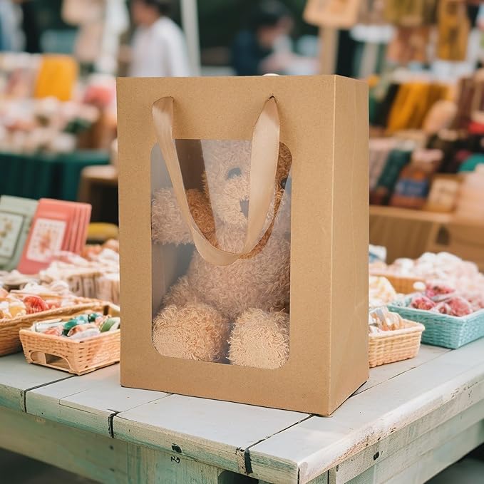 MOXARYSU 6 Pcs Brown Gift Bags with Clear Window: 9.8x5.1x7.1 Inch Medium Kraft Paper Bags with Handle For Party Business Birthday Wedding