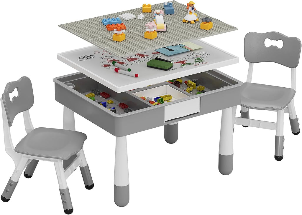 4-in-1 Kids Activity Table & Chair Set,Double-Sided Reversible Tabletop with Building Block Base & Graffiti Drawing Board,2 Adjustable Toddler Chairs,Multi-Purpose Activity Desk for Reading,Drawing