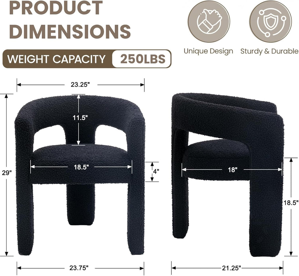 HNY Modern Barrel Kitchen & Dining Room Chairs Set of 6, Sherpa Upholstered Accent Chairs with Arm, 18.5'' Wide Side Armchairs Vanity Chairs for Living Room Bedroom Makeup Small Spaces, Black