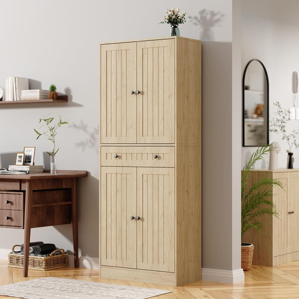 Furnify Kitchen Pantry Storage Cabinet, 71" H Farmhouse Pantry Cabinet with 4 Doors & Drawer, Freestanding Cupboard with Adjustable Shelves, Rustic Wood Cupboard for Kitchen, Dining Room, Natural