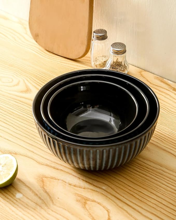Hasense Mixing Bowls of 3, Porcelain Ribbed Bowls 1.5/1/0.5 Qt For Kitchen, Cooking, Baking and Serving Prep Bowls for Salad, Pasta, Modern Kitchen Dish Dishwasher & Microwave Safe, Blue