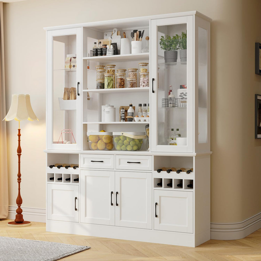 Timechee 78.7" Kitchen Pantry Storage Cabinet, Cupboard with Drawers and Wine Rack,Tall Food Pantry Cabinets with Tempered Glass Doors & Adjustable Shelves,Hutch Cabinet with Storage for Kithen,White