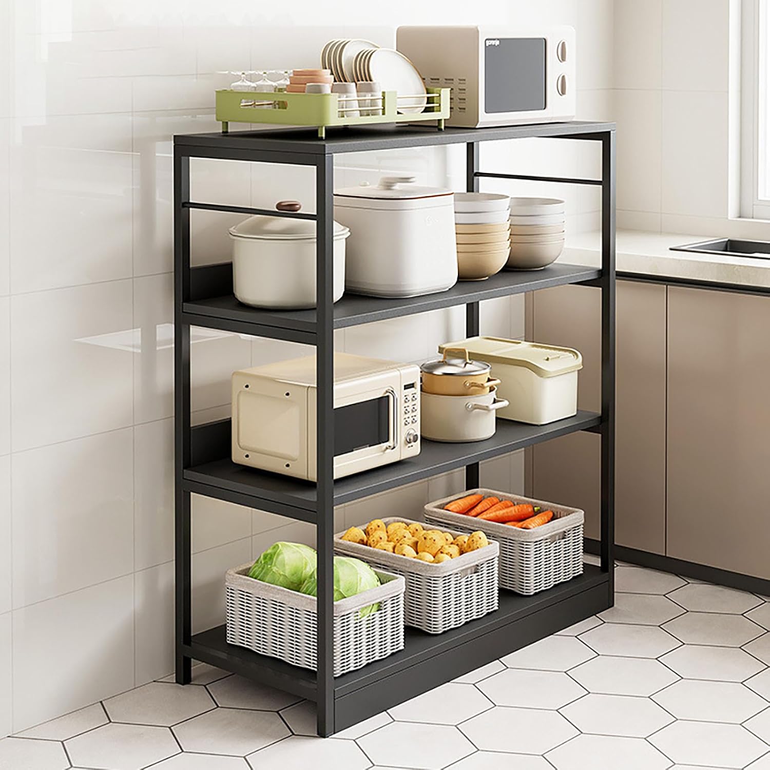 Kitchen Shelf, Floor-Standing Shelf, Shelf, Countertop Kitchen, Multi-Layer Large-Capacity Storage Rack, Multifunctional Pot Oven Microwave Rack 80 * 35 * 80cm Fourlayersofblack