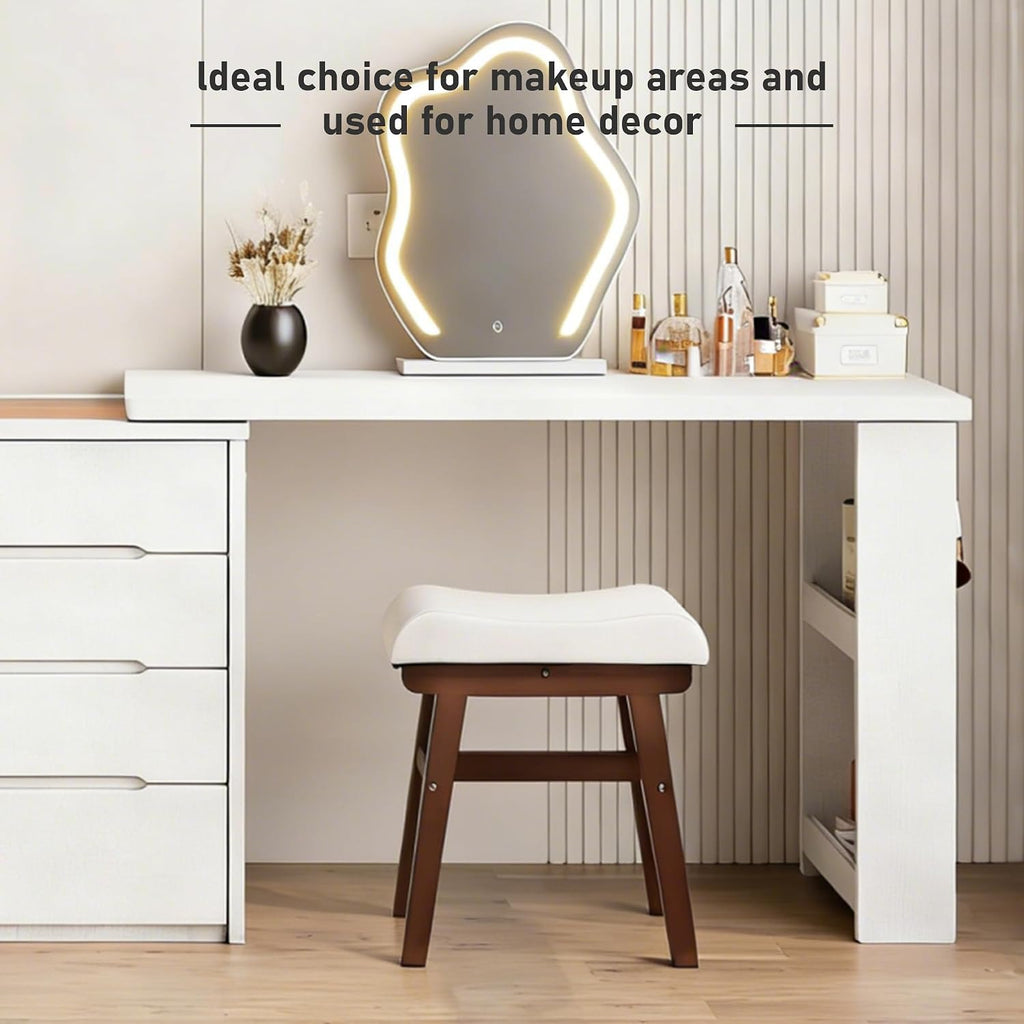 Vanity Stool with Linen Upholstery & Carved Solid Wood Legs | 17.7 Inch Compact Makeup Chairs with High Rebound Sponge Seat for Bedroom/Entryway/Home/Footstool