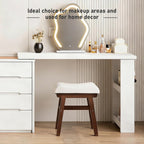 Vanity Stool with Linen Upholstery & Carved Solid Wood Legs | 17.7 Inch Compact Makeup Chairs with High Rebound Sponge Seat for Bedroom/Entryway/Home/Footstool