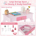 INFANS Kids Vanity, 2 in 1 Wooden Princess Makeup Table and Stool Set with Tri-Folding Detachable Mirror 10 Accessories, Toddler Pretend Beauty Dressing Play for Girls Aged 3+