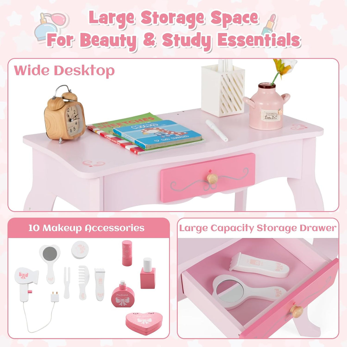 INFANS Kids Vanity, 2 in 1 Wooden Princess Makeup Table and Stool Set with Tri-Folding Detachable Mirror 10 Accessories, Toddler Pretend Beauty Dressing Play for Girls Aged 3+