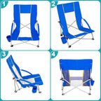 Romswi 2 Pack Lightweight Low Beach Chairs with Breathable Mesh Back, 6LBS Folding Portable Sand Chairs with Cup Holder, Heavy Duty 300lbs Capacity for Camping & Outdoor Use, Blue