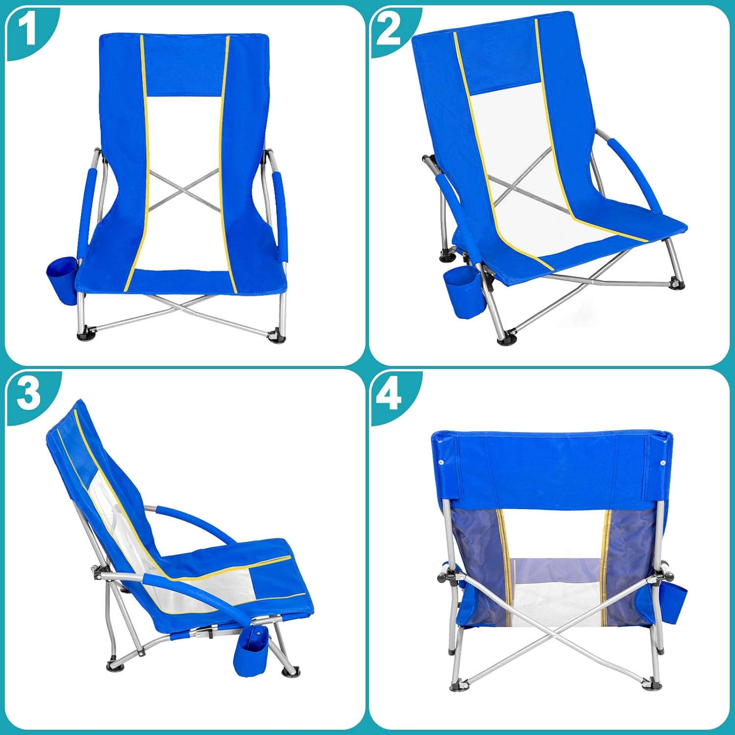 Romswi 2 Pack Lightweight Low Beach Chairs with Breathable Mesh Back, 6LBS Folding Portable Sand Chairs with Cup Holder, Heavy Duty 300lbs Capacity for Camping & Outdoor Use, Blue