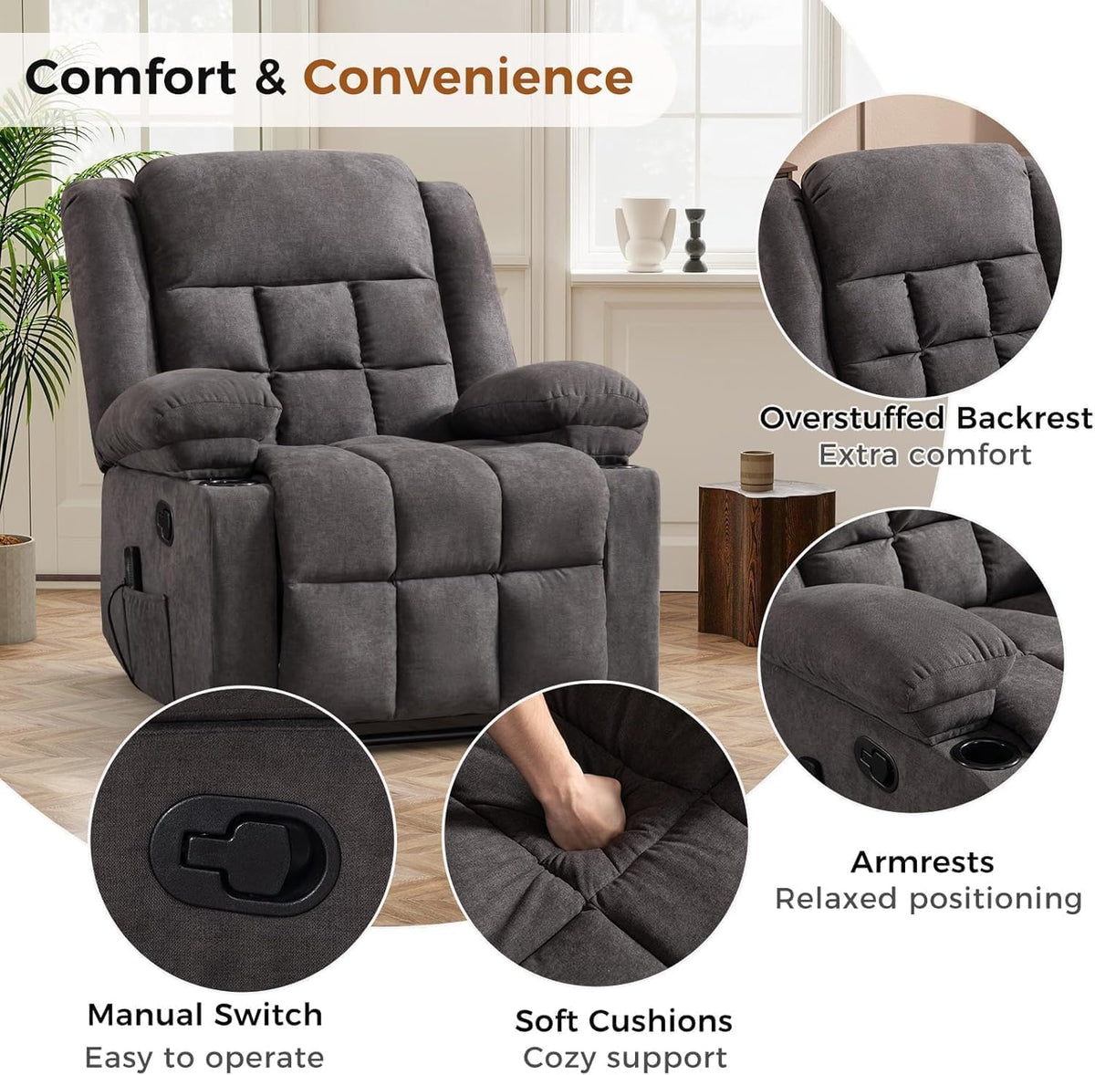 HAOMARKETS Classic Manual Recliners with Massage and Heat for Adults, Breathable Fabric Recliner Chair with 2 Cup Holders & Side Pockets, Overstuffed Heavy Duty Reclining Sofa for Living Room, Grey