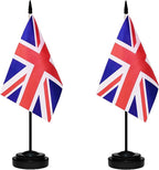 UK British Deluxe Desk Flag Set Small Mini United Kingdom Miniature Table Desktop Flags With Solid Pole, Black Base and Spear Top(2 Pack)