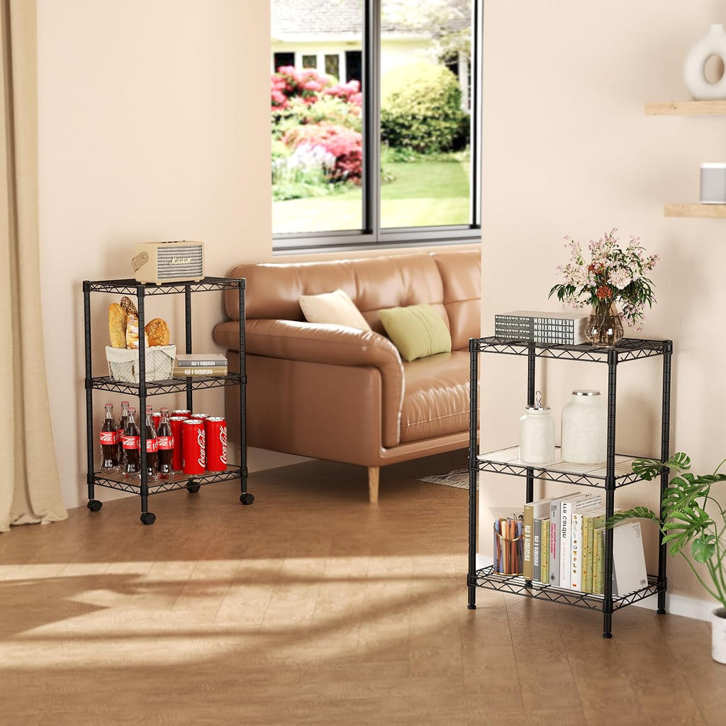 SINGAYE 3 Small Shelves Storage Shelf Wire Shelving Unit Metal Shelf Adjustable Organizers Storage Shelving with Wheels for Bathroom Laundry Room Kitchen Pantry11.5”D x 17.5”W x 30.5”H Black