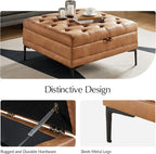 HULALA HOME Tufted Faux Leather Coffee Table, Camel | 36.5" Square Storage Ottoman with Metal Legs, Large Upholstered Ottoman for Couch and Living Room