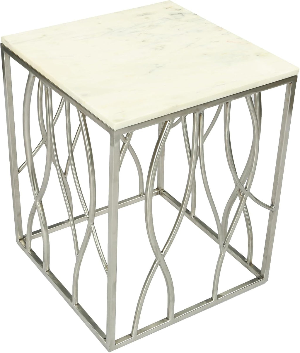 Penau Square Marble End Table, White Marble Top with Natural Gray Veins, Polished Stainless Steel Base with Organic Curves, Dimensions 18W x 18D x 22.5H Inches, Fully Assembled
