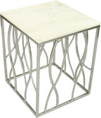 Penau Square Marble End Table, White Marble Top with Natural Gray Veins, Polished Stainless Steel Base with Organic Curves, Dimensions 18W x 18D x 22.5H Inches, Fully Assembled