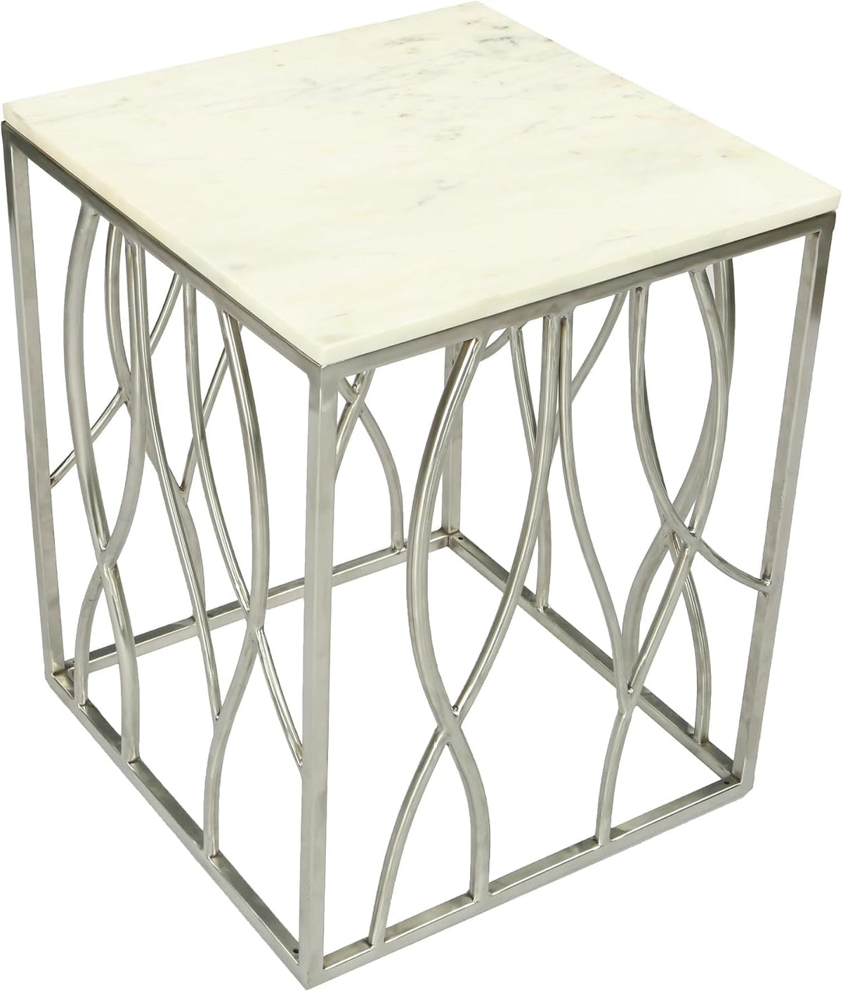 Penau Square Marble End Table, White Marble Top with Natural Gray Veins, Polished Stainless Steel Base with Organic Curves, Dimensions 18W x 18D x 22.5H Inches, Fully Assembled