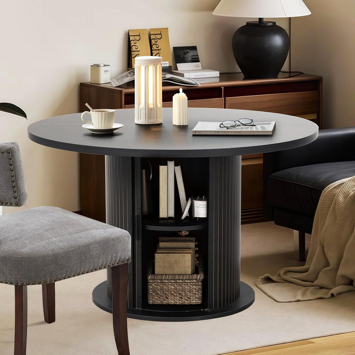 47" Round Dining Table with Hidden 2-Tier Storage Cabinet | Seats 4–6 | Mid-Century Modern Pedestal Base | Space-Saving Kitchen Table for Small Spaces, Black