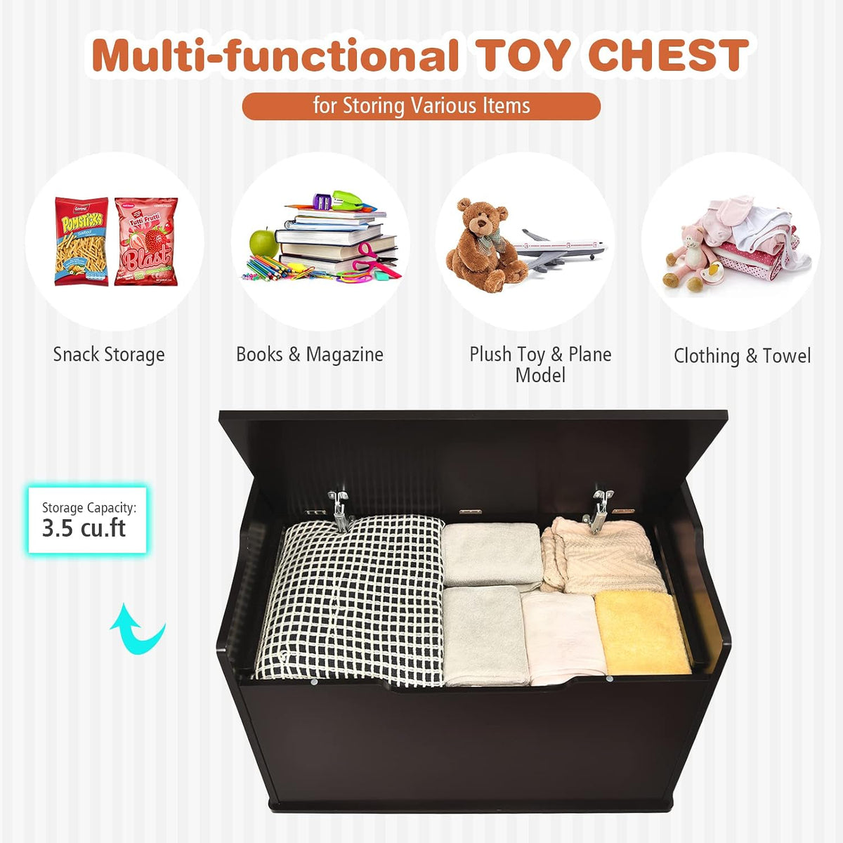 Costzon Modern Espresso Wooden Toy Chest with Bench Seat, Toy Storage Trunk Case, Finger-Pinch Prevention, Lift-Top Foot Rest Seat for Toddler Bedroom Playroom Entry