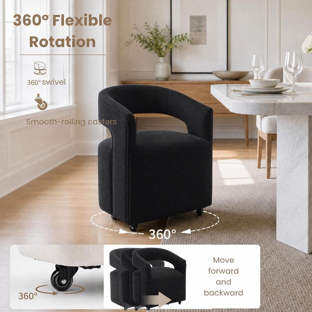 LukeAlon Sherpa Dining Chairs Set of 2, Modern 360° Swivel Kitchen Chairs with Casters Barrel Open Back Side Chairs Upholstered Dinner Chair for Dining Room Living Room, Black