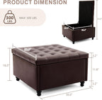 30" Large Square Ottoman with Storage, Leather Ottoman Coffee Table, Brown | Tufted Upholstered Ottoman for Living Room, Oversized Square Storage Ottoman for Bedroom and Entryway, Solid Wood Frame