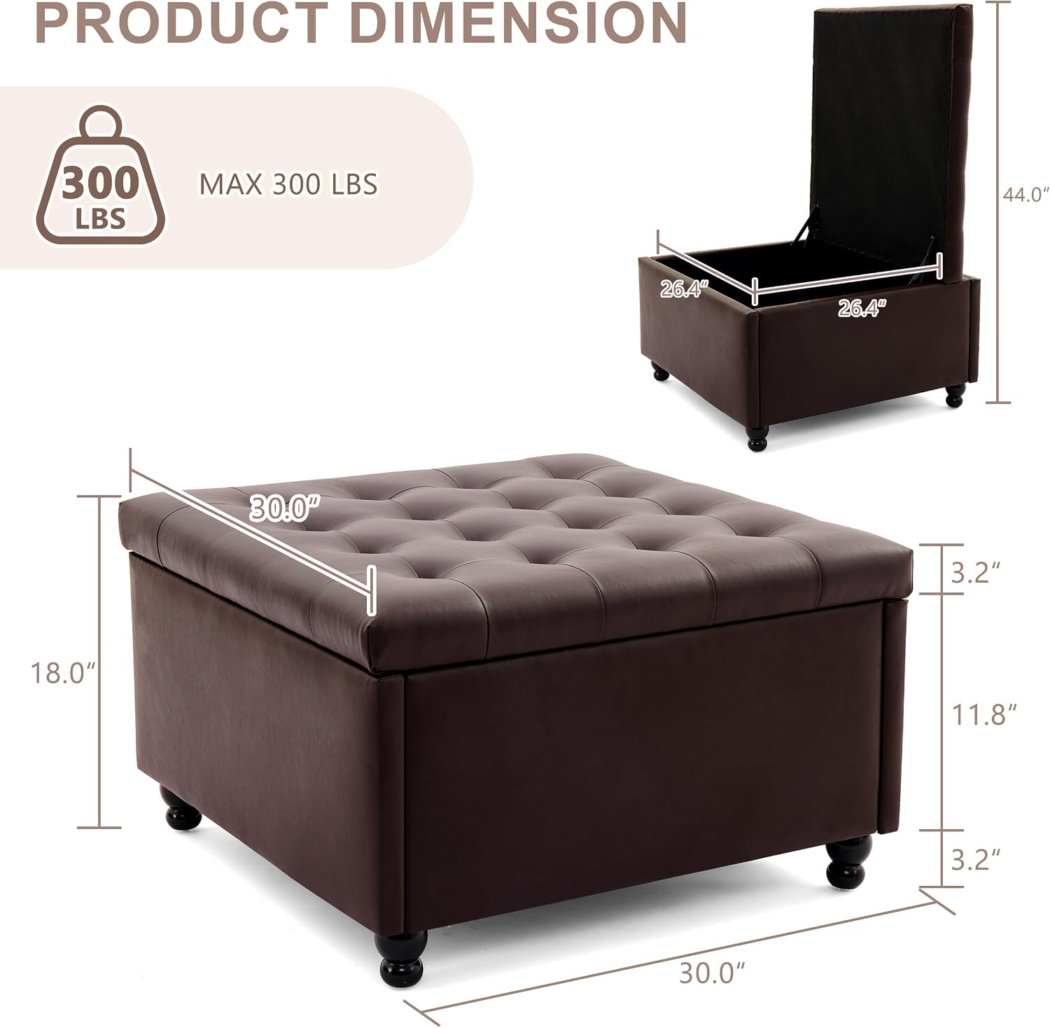 30" Large Square Ottoman with Storage, Leather Ottoman Coffee Table, Brown | Tufted Upholstered Ottoman for Living Room, Oversized Square Storage Ottoman for Bedroom and Entryway, Solid Wood Frame