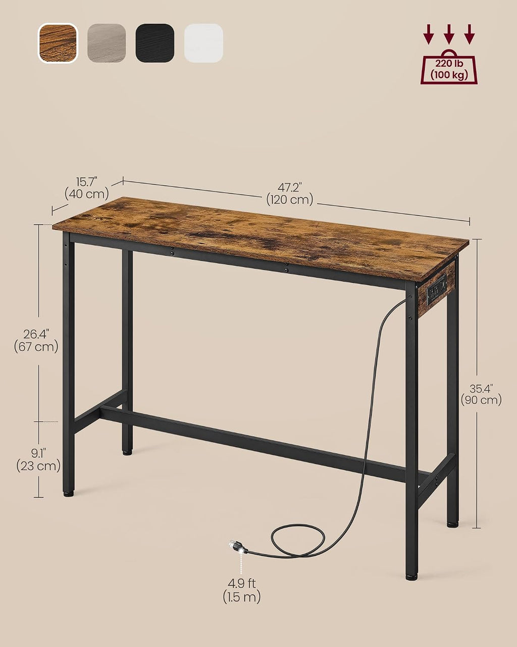 VASAGLE Bar Table with Power Outlets, Computer Desk, 47.2" W | Stable Metal Structure, Modern Basic, Rustic Brown and Matte Black, BARNET Collection ULBT121K01