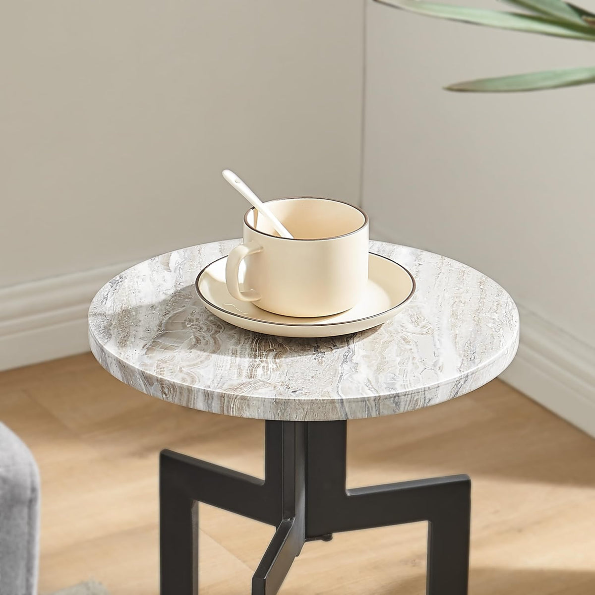 Danya B Black Metal Sculptural Pedestal & Faux Stone Tabletop Accent End Table