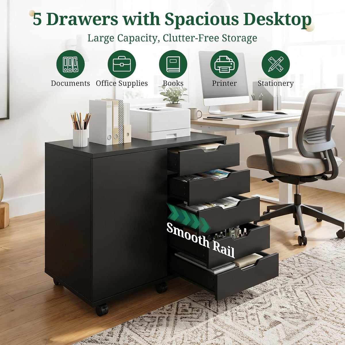 5 Drawer File Cabinet with Wheels, Rolling Office Storage Cabinet with Shelves and Door, Printer Stand with Drawers, Under Desk Filing Cabinet with Wood Board, Black