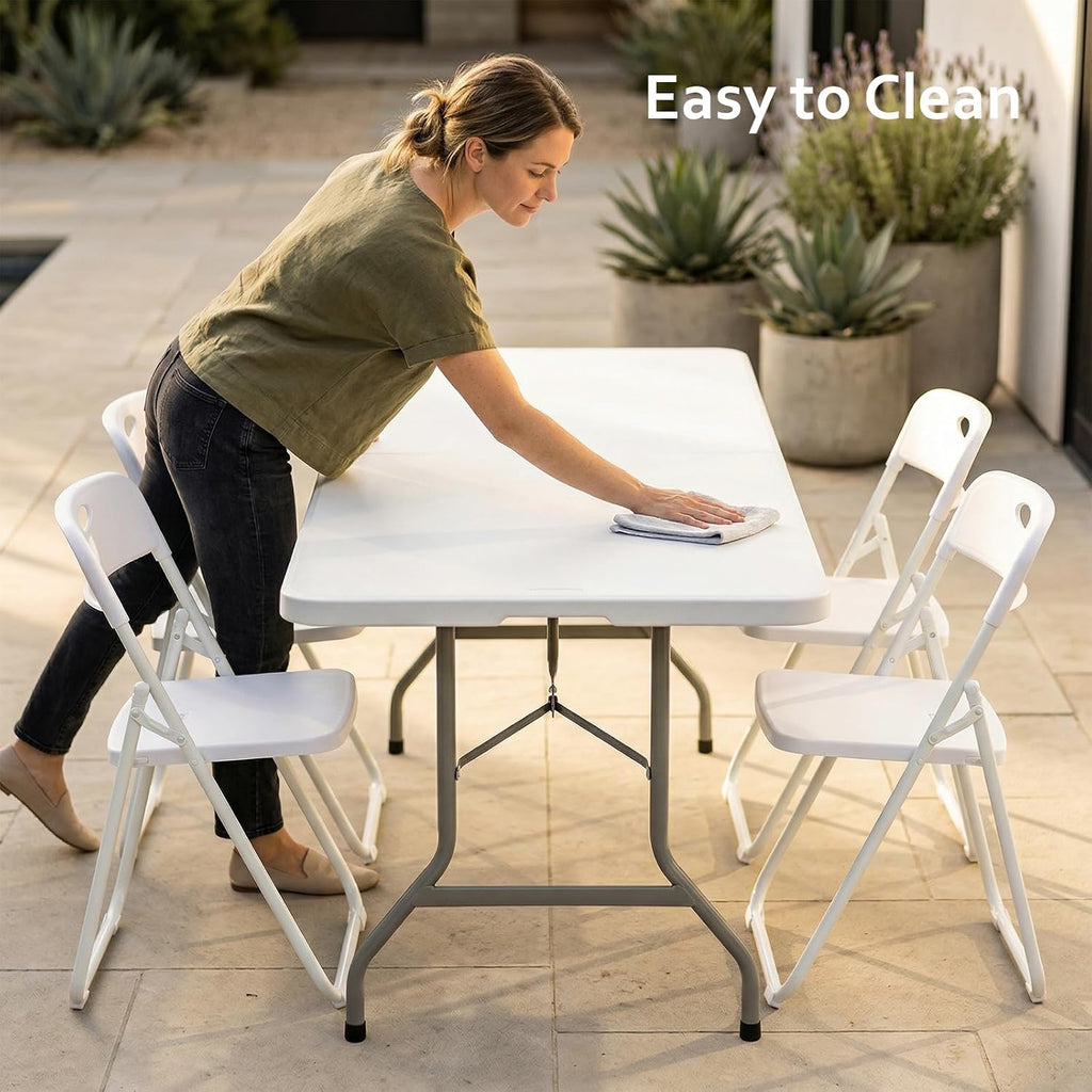 Folding Table and Chairs Set, 6 Foot Foldable Long Plastic Table with 6 Plastic Folding Chairs, Portable Set for Parties, Event, Training, Craft, Wedding, and Commercial Use