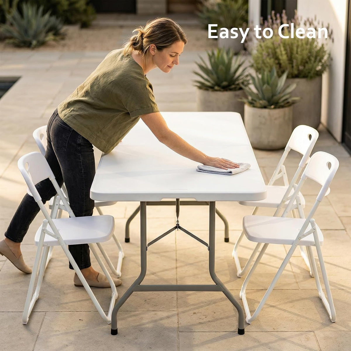 Folding Table and Chairs Set, 6 Foot Foldable Long Plastic Table with 6 Plastic Folding Chairs, Portable Set for Parties, Event, Training, Craft, Wedding, and Commercial Use