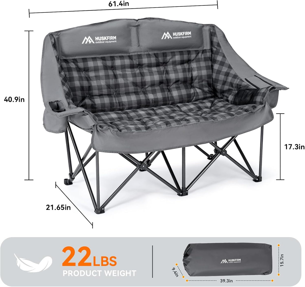 Huskfirm Padded Double Camping Chair High Back 2 Person Camping Chair Oversized Camping Loveseat Support 800LBS Heavy Duty Camping Couch with Cup Holders, Cooler, Carry Bag, Grey
