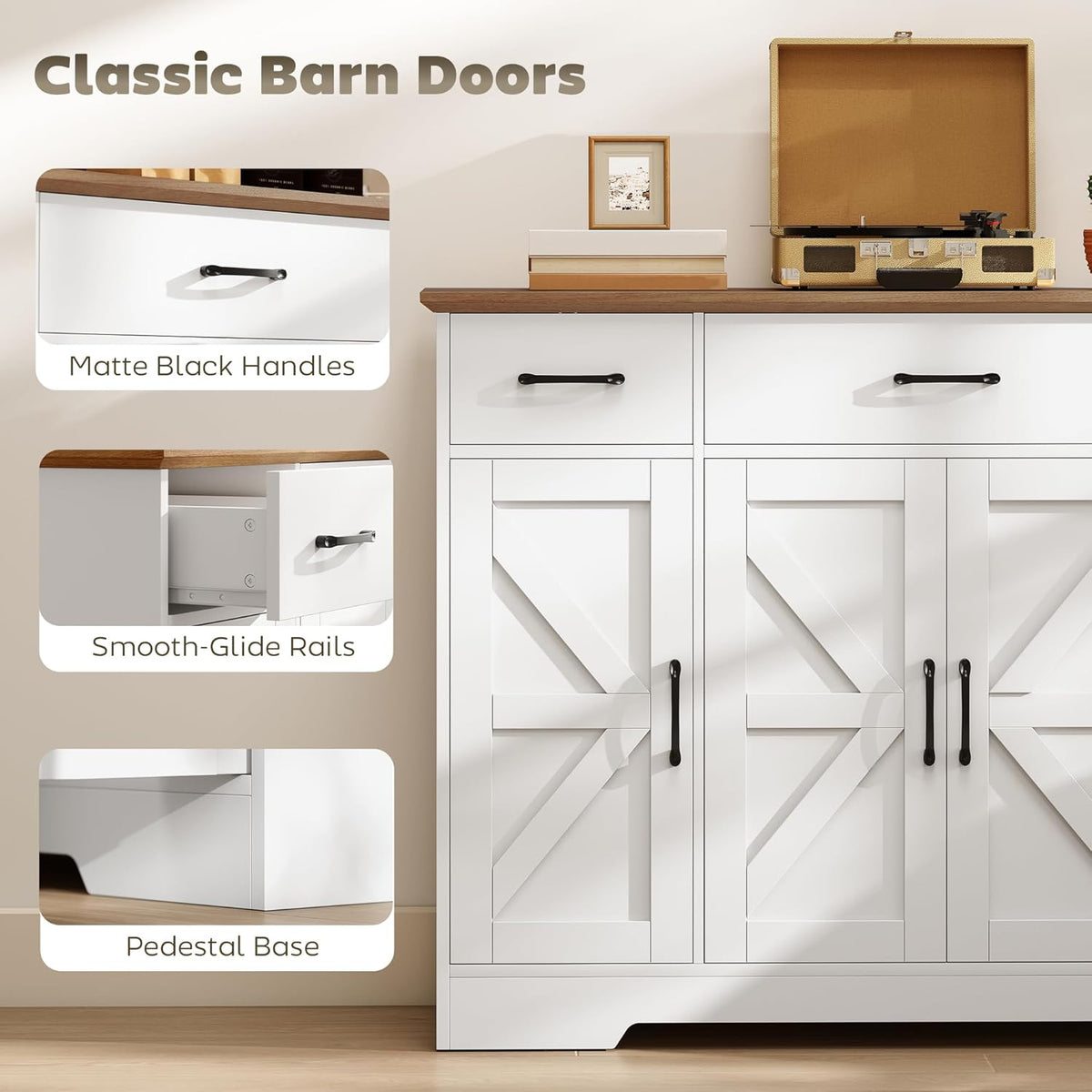 HOMCOM 47" Sideboard Buffet Cabinet, Farmhouse Credenza with Soft-Close Hinges, Coffee Bar Cabinet with Spice Racks, 3 Drawers and 3 Adjustable Shelves, White