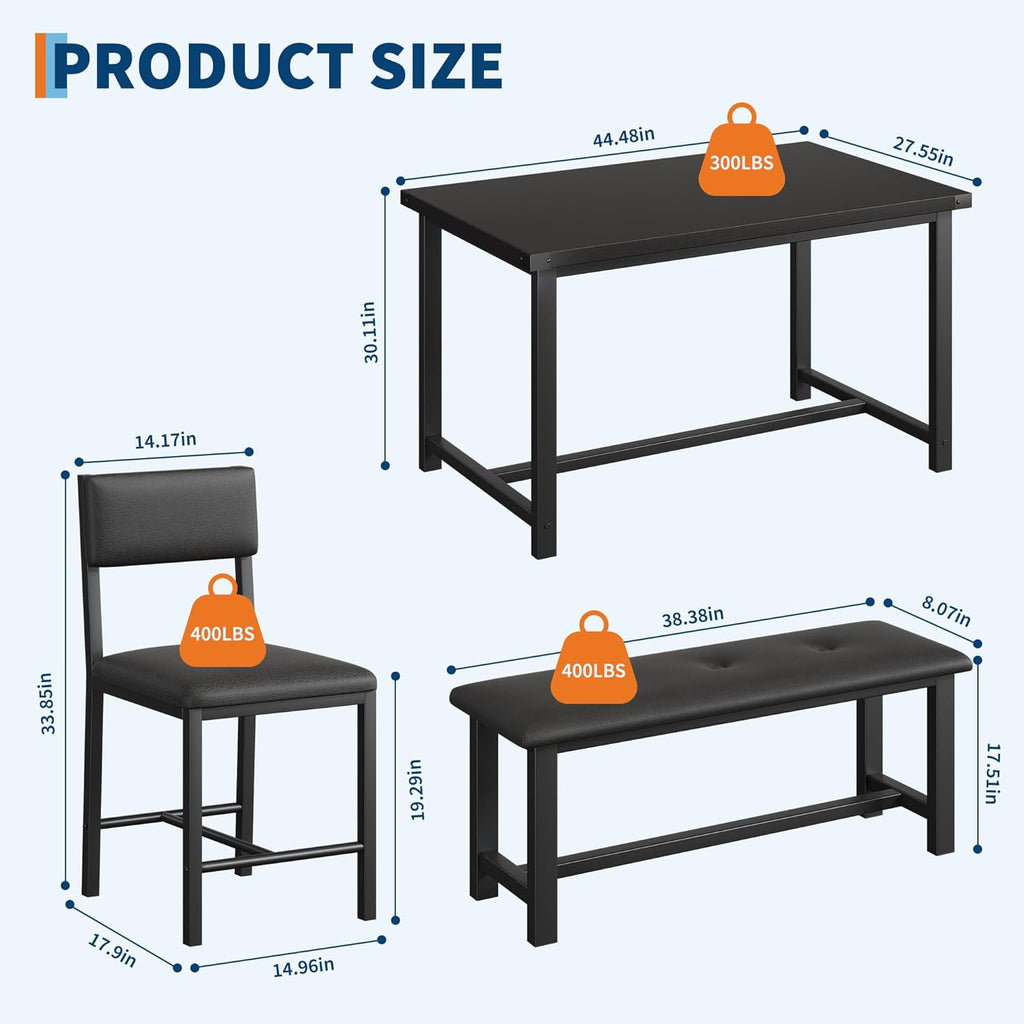 GarveeHome Dining Table Set for 4 with 2 Upholstered Chairs and Bench, 4 Piece Wood Kitchen Table Set for Small Spaces, Apartment and Dining Room, Retro Black