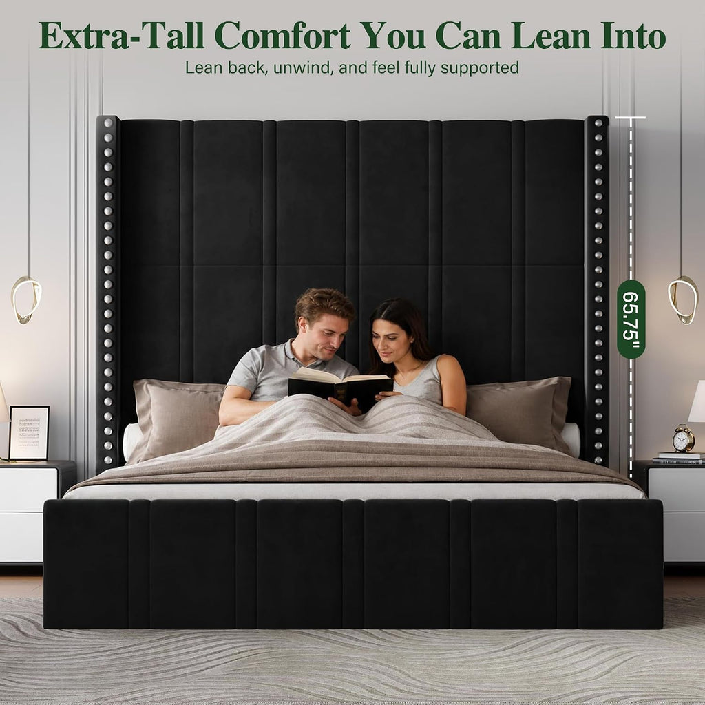 65.75" Tall King Size Bed Frame and Headboard, Black