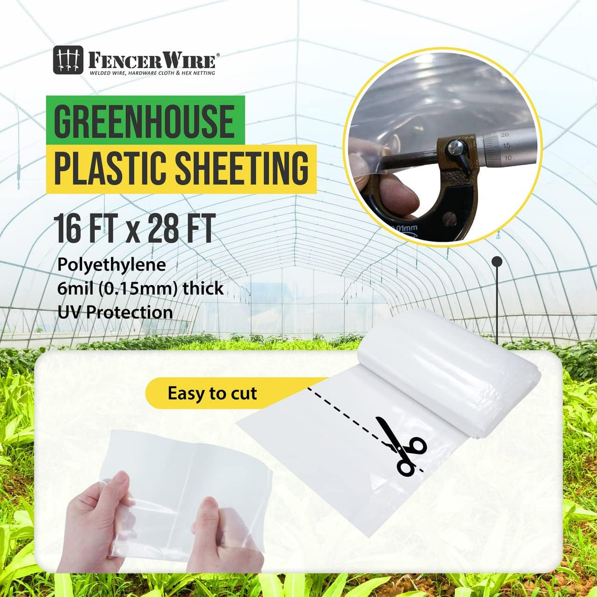 CAPHAUS 6 mil Clear Greenhouse Plastic Sheeting, 4-Year UV Resistant Polyethylene Film, Hoop House Cover for Horticulture, Gardening, Farming and Agriculture, 90% Light Transmittance, 16’ x 28’