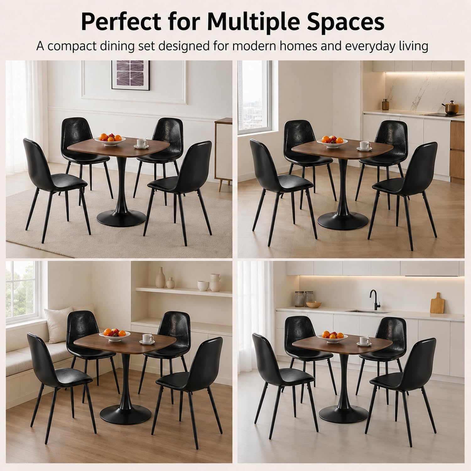 Table with 4 Chairs, Wooden Round Dining Table Set | Space-Saving Set，Wood-Grain Finish，Rounded Edges，ErgonomicComfort