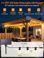75FT(3x25FT) Solar String Lights Outdoor with Remote, Waterproof Dimmable 3 Modes Patio Lights with 30+3 LED G40 Bulbs for Balcony Yard-Black