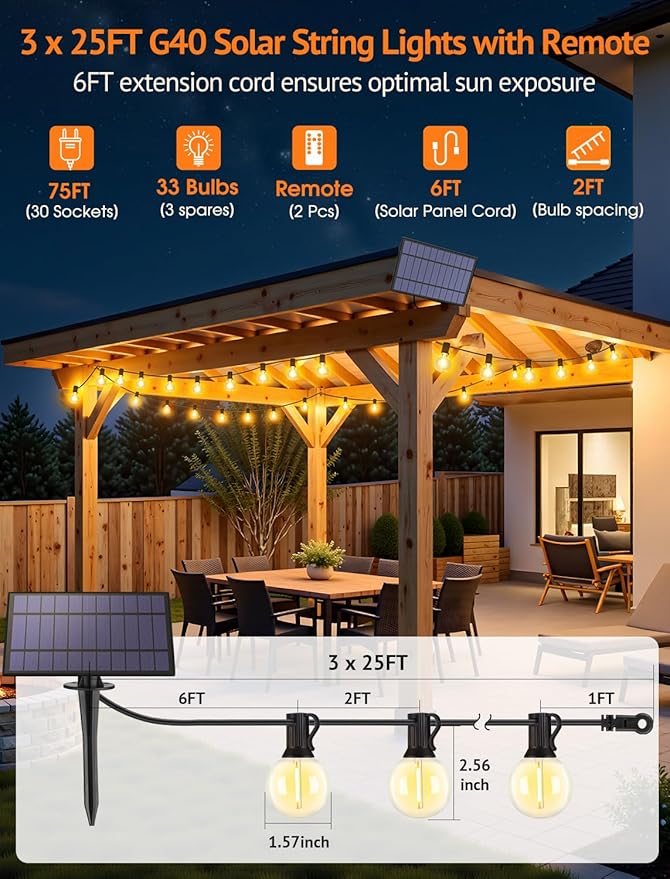 75FT(3x25FT) Solar String Lights Outdoor with Remote, Waterproof Dimmable 3 Modes Patio Lights with 30+3 LED G40 Bulbs for Balcony Yard-Black