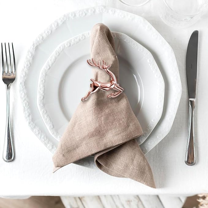 ZeeDix Set of 6 Rose Gold Elk Chic Napkin Rings for Christmas Dinning Table Setting-Wedding Receptions, Christmas, Thanksgiving and Home Kitchen for Casual or Formal