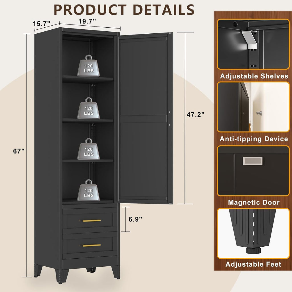 67" Tall Narrow Metal Storage Cabinet, Freestanding Pantry Organizer, Black | Slim Bathroom Cabinets with 2 Drawers & 3 Adjustable Shelves, Multi-Use Cupboard for Kitchen Office Living＆ Dining Room